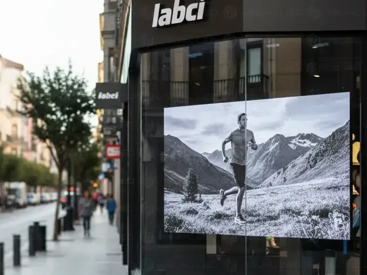Pantalla LED instalada en una vidriera comercial