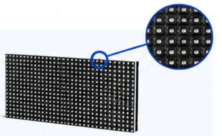 Panel LED con un detalle ampliado que muestra la separación entre un LED y el siguiente