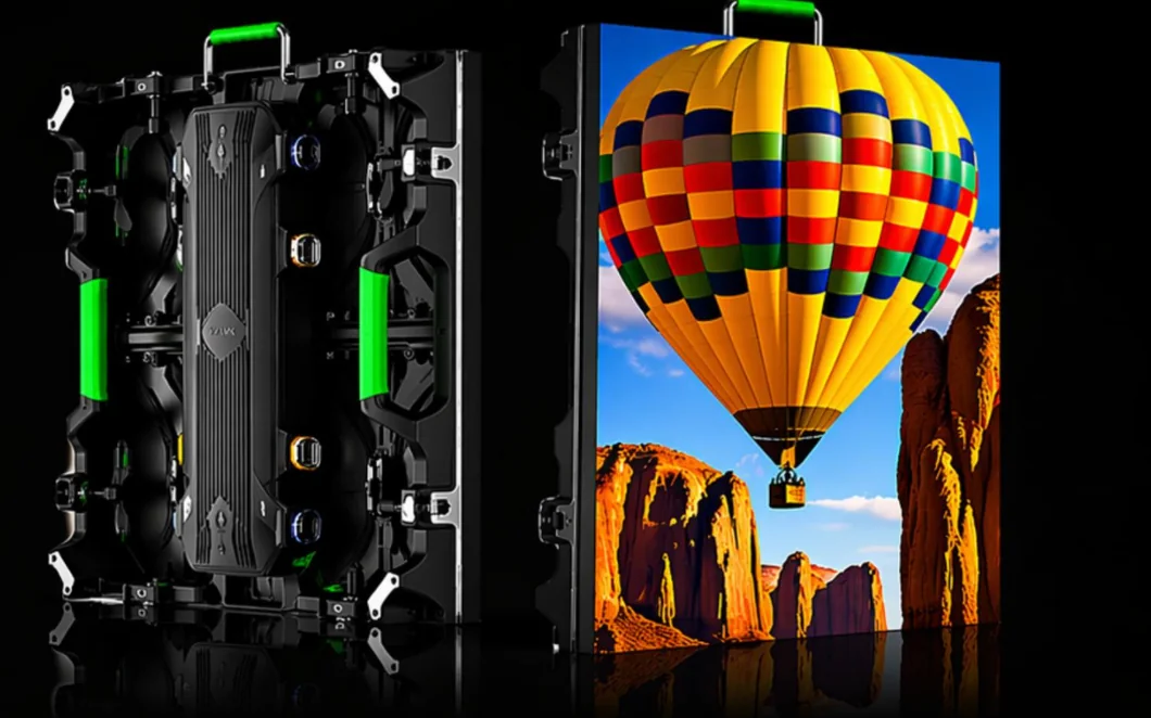 Gabinete RA Series abierto junto a una pantalla LED armada mostrando una imagen a color