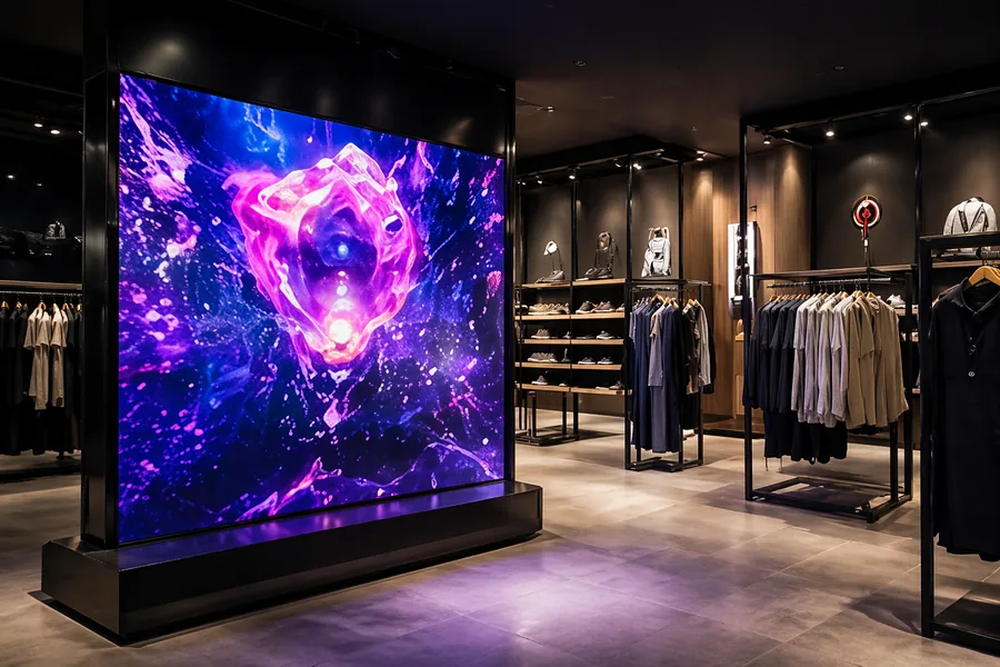 Pantalla LED de alta definición en la vidriera de un local comercial