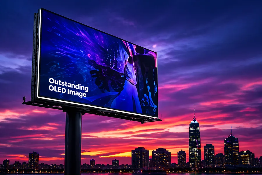 Pantalla LED gigante de publicidad en vía pública sobre una autopista al atardecer