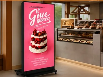 Tótem LED con la carta de una cafetería junto al mostrador de productos