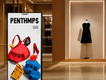 Tótem LED en una tienda de moda mostrando accesorios sobre fondo claro