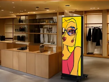 Tótem LED en el interior de un local de indumentaria mostrando una ilustración