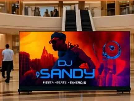 Pantalla LED de gran formato en el hall de un centro comercial con gente circulando